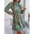 thumbnail image 4 of EASYBRAUS Women Floral Chiffon Pleated Midi Dress V Neck Long Sleeve Spring Summer Dress, 4 of 7