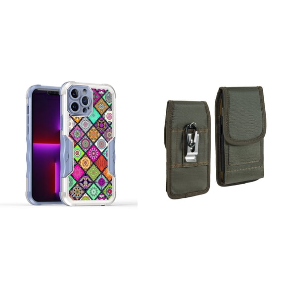 Case and Pouch Bundle for iPhone 14: Heavy Duty Armor Rugged Case (Mediterranean Tile Pattern) and Vertical Rugged Nylon Belt Holster (Midnight Green)