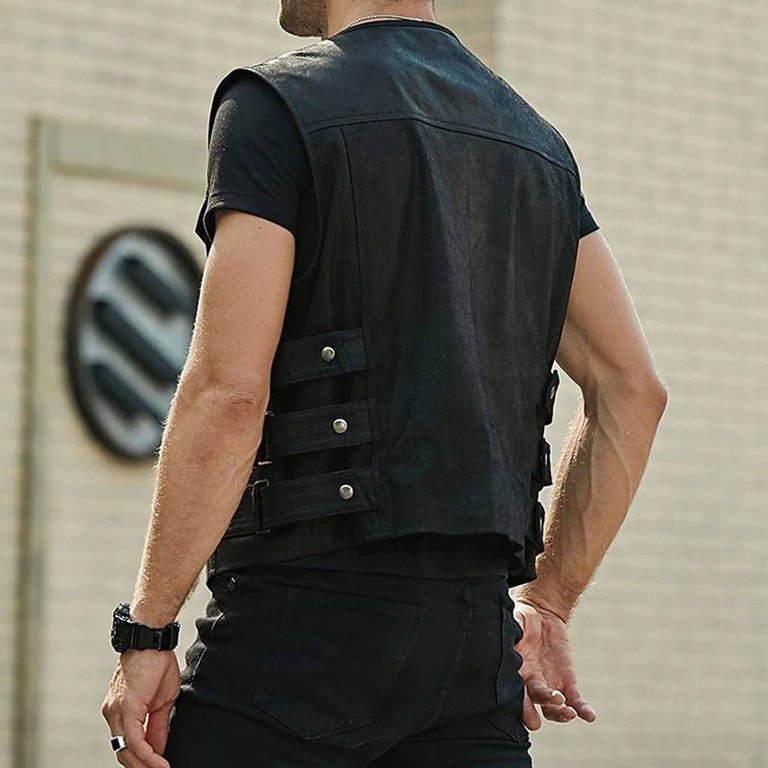 Biker Faux Leather Waistcoat Mens Cut Motorcycle Black