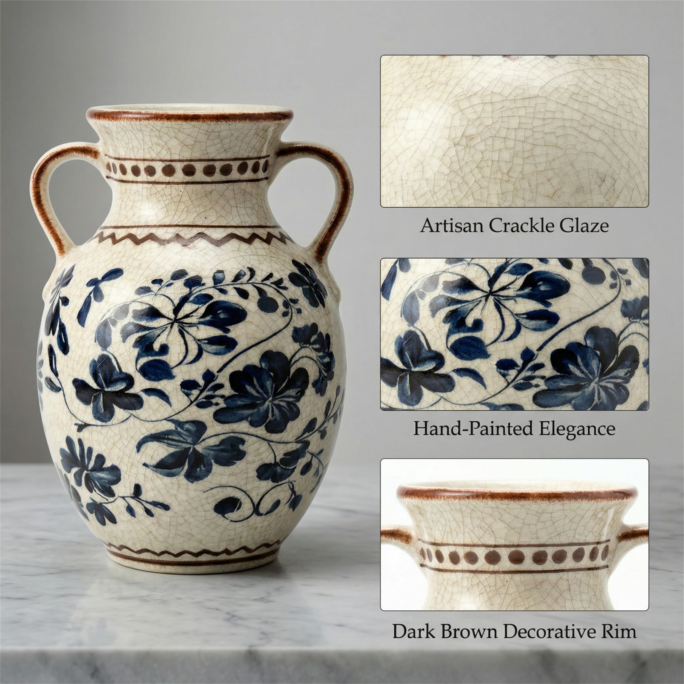 BUYMAX Vintage Navy Blue Ceramic Vase with Handles, 8.4 in photo 4