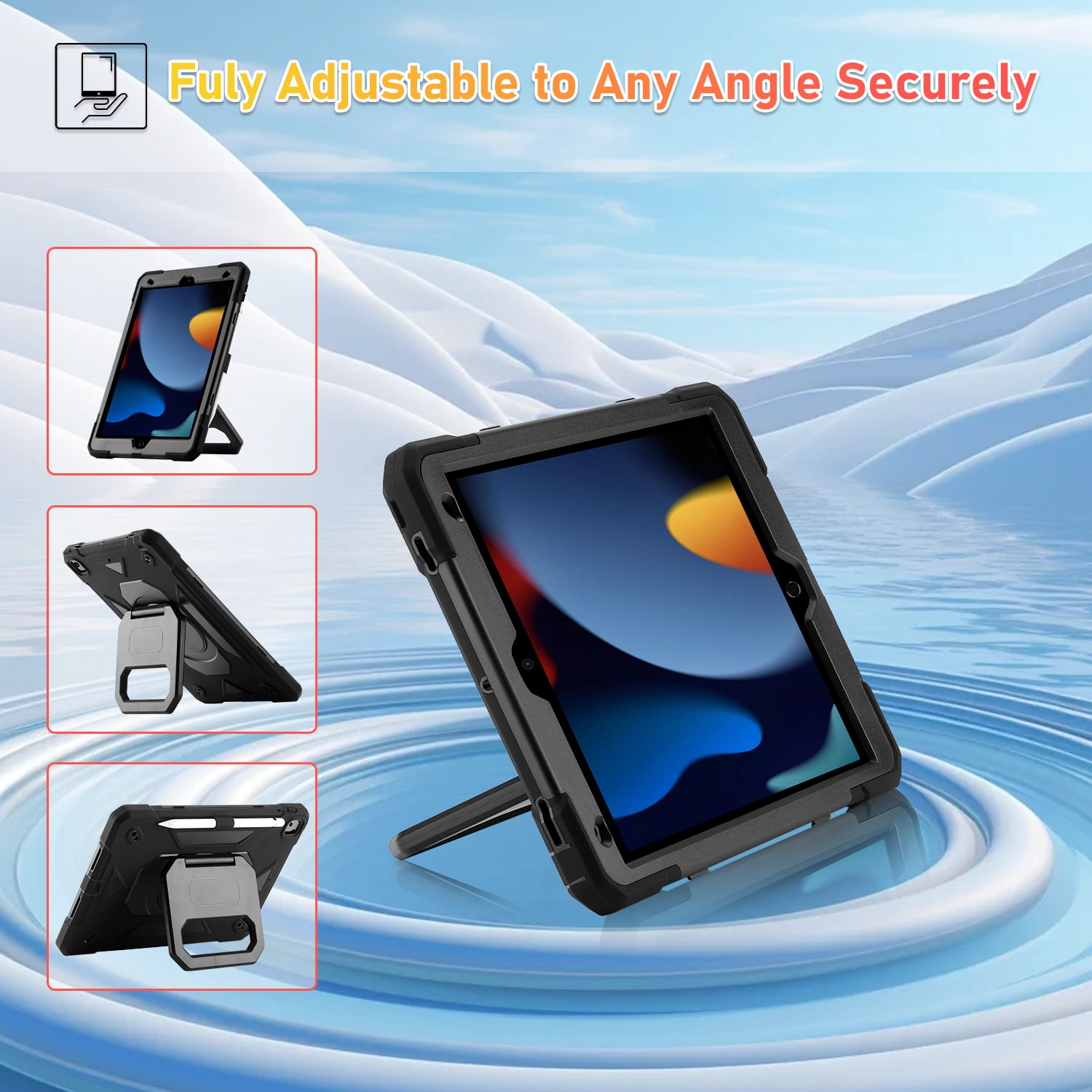 Allytechgroup Heavy Duty Shockproof Case Cover for Apple iPad 9th 8th 7th Generation, Ultimate Protection with Handle Stand, Shoulder Strap, and Pencil Holder Kids Friendly, Black