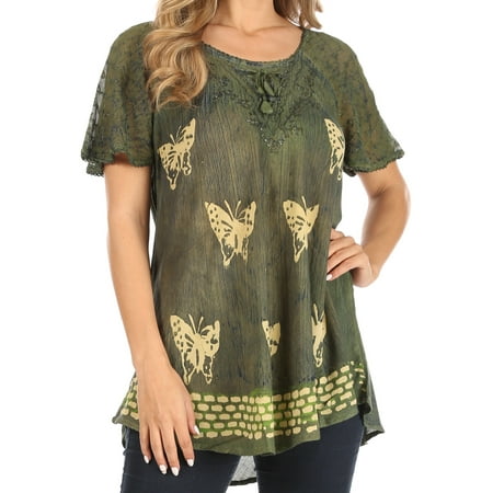 Sakkas Petra Women s Casual Loose Flared Corset Short Sleeve Lace Blouse Top Tunic - 2207-Green - Plus Size
