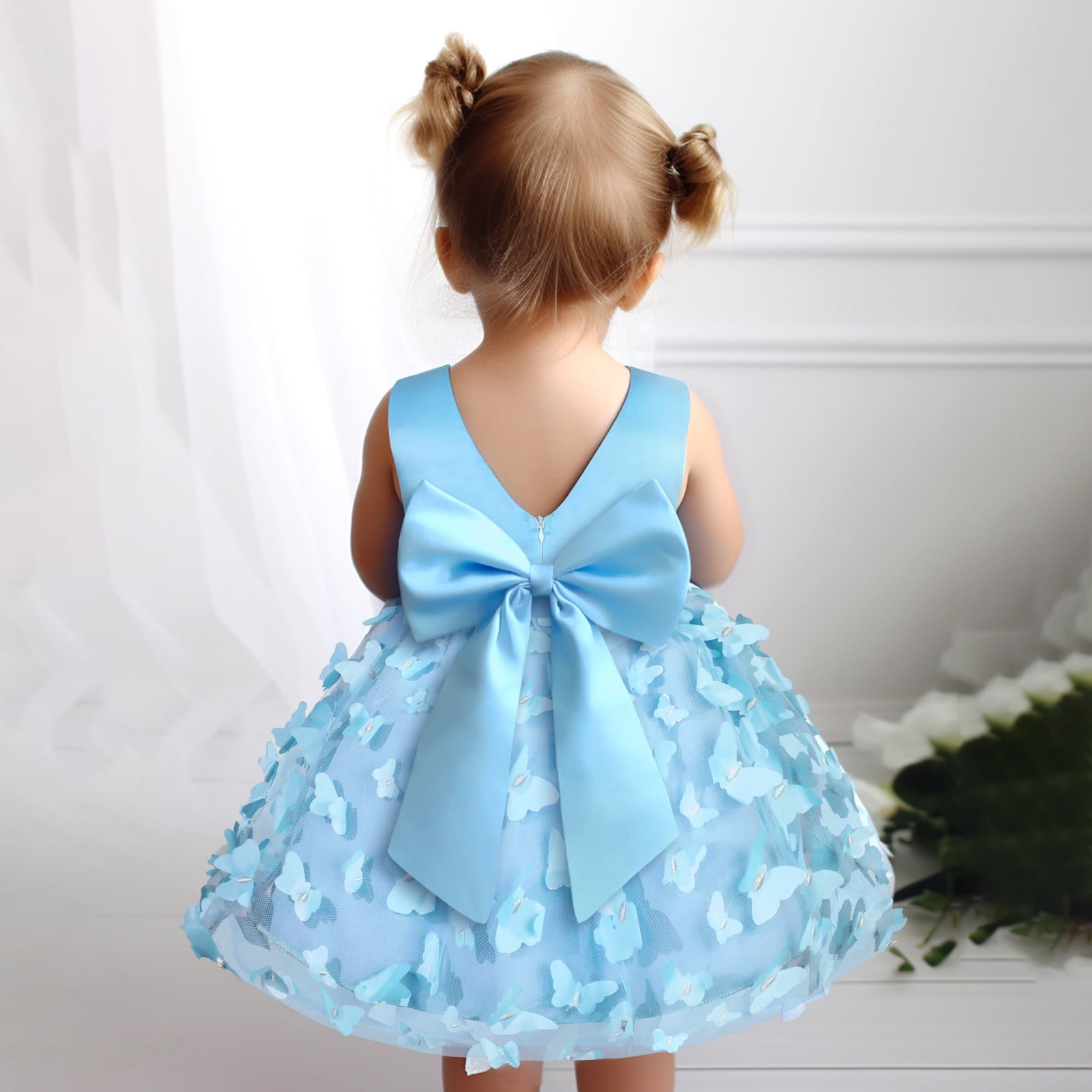 ZHUASHUM girls dresses Toddler Girls Sleeveless Butterfly Embroidery Tulle Bowknot Pageant Gown Party Evening Dress Wedding Dress baby easter clothes for girls Blue,Size:12-18 Months