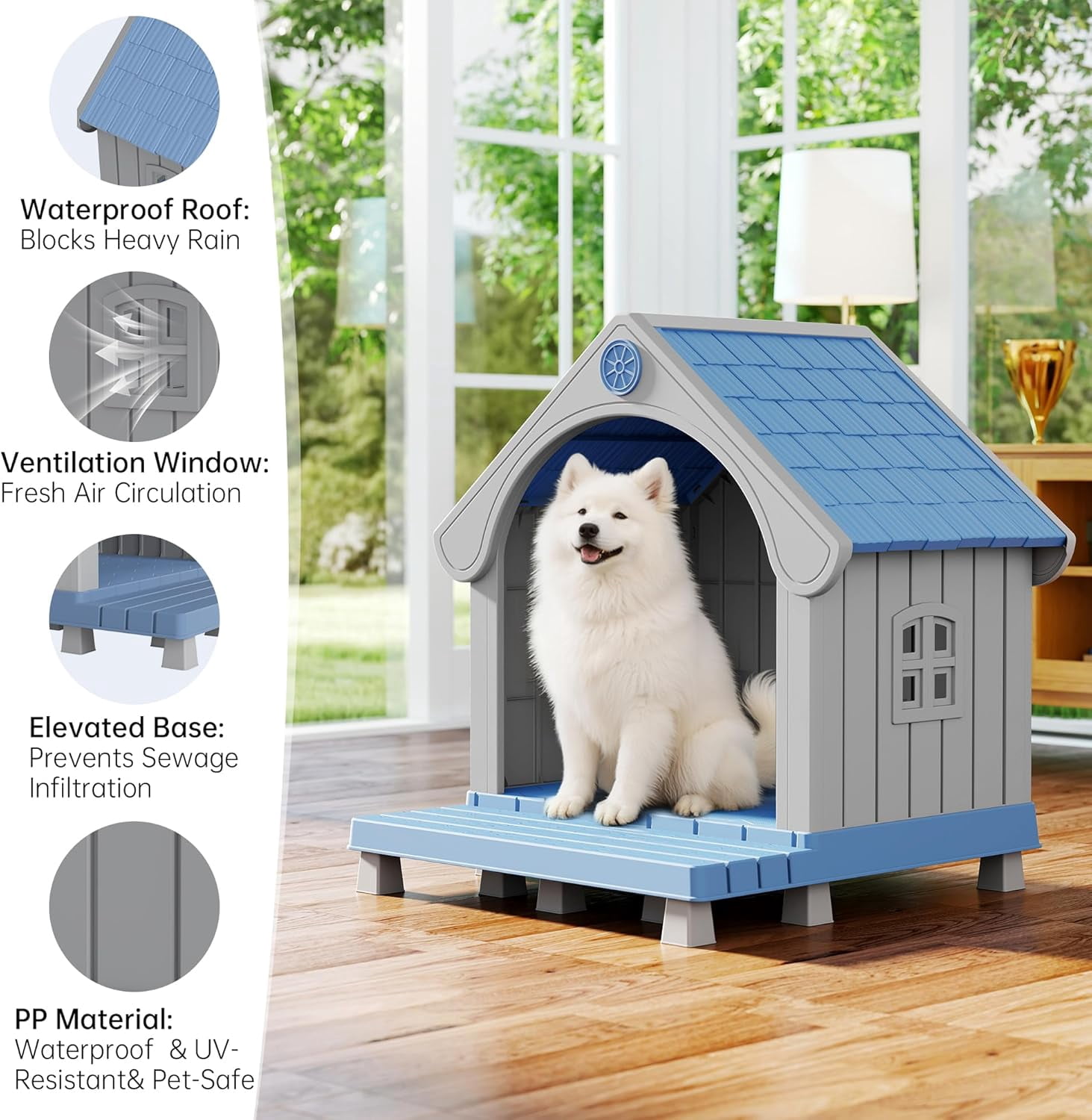 Dog House Outdoor Weatherproof with Porch for Small Medium Dogs, Durable Plastic Pet House with Sloping roof and Elevated Floor, Easy Cleaning and Assemble (Blue)