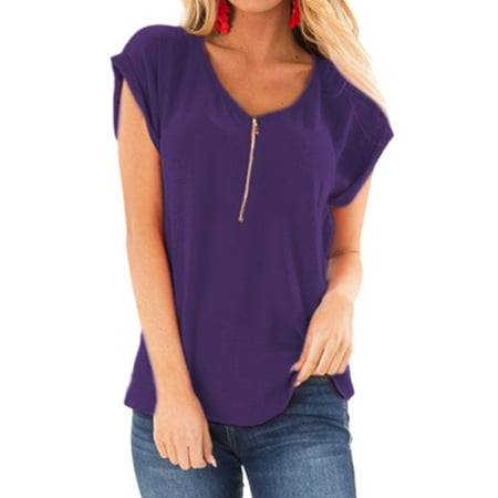 - STARVNC Women Solid Color V Neck Cap Sleeve Zipper Up Design Shirts