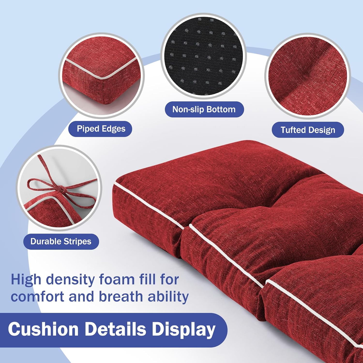 Bench Cushions for Outdoor Furniture, 42 x 16 Inch Outdoor Bench Cushion, Patio Bench Cushion with Durable Ties, Long Patio Seat Cushions for Garden, Indoor, Kitchen&Dining, Red