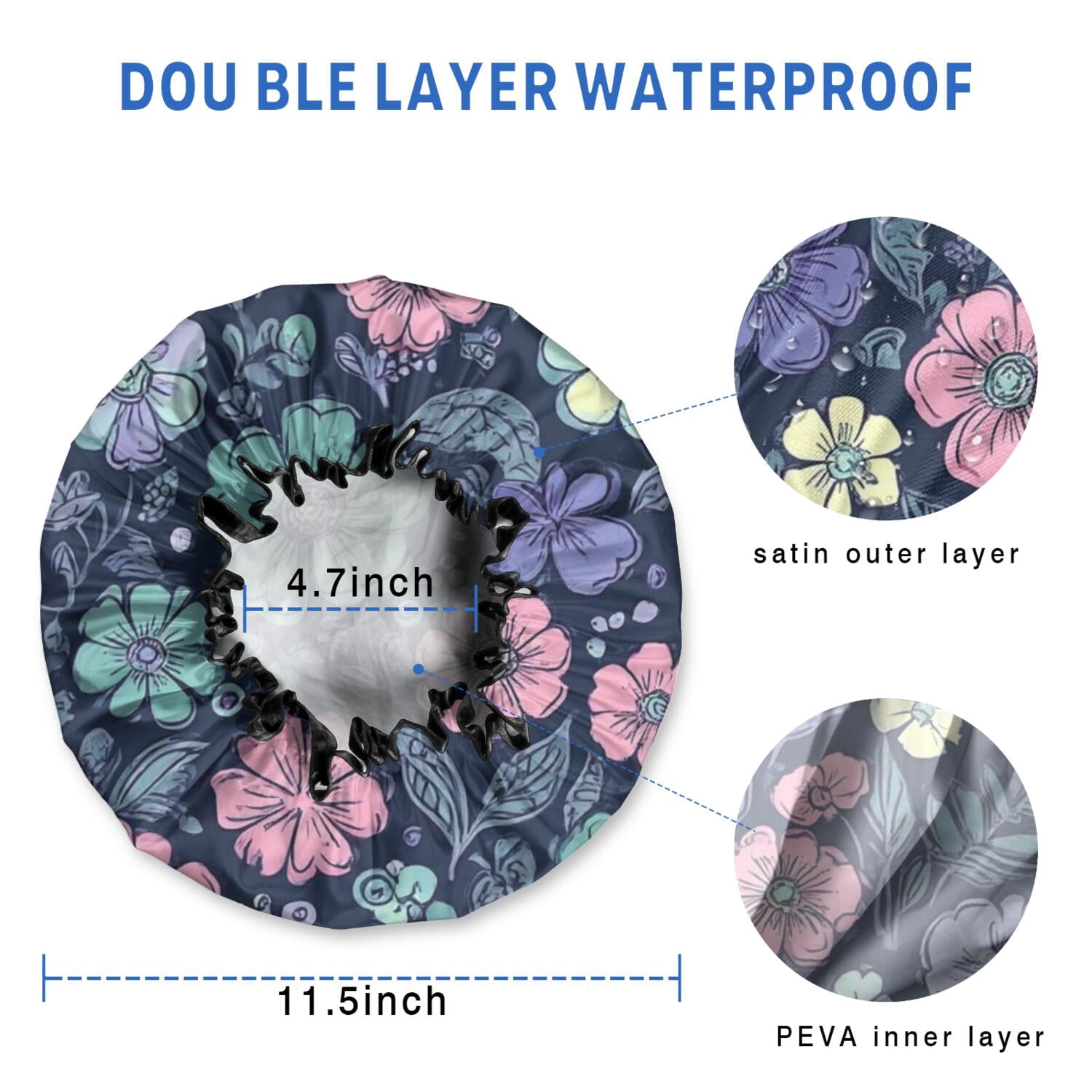Shower Caps,Pioneer Flower Floral Print Pattern Waterproof Shower Cap for Women 4 Pieces,Double Reusable Hair Cover for Shower PEVA Elastic Stretch Hem