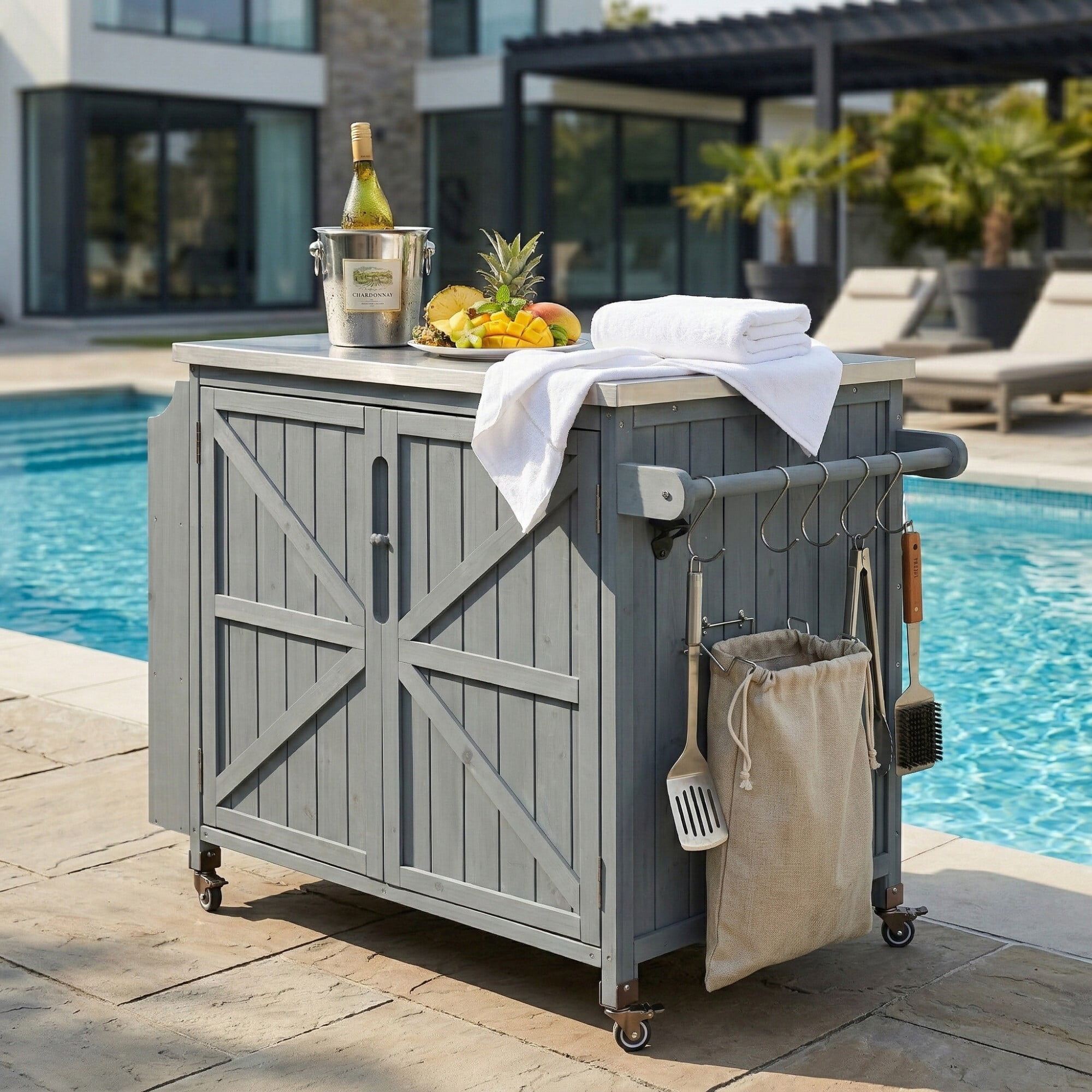 AENKYO 42" Outdoor Kitchen Island, Rolling Grill Cart with Stainless Steel Top, BBQ Prep Table with Cabinet, Blue