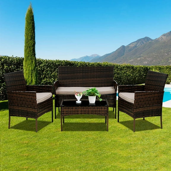 Rattan Chair Set Patio Furniture Set of 4 Wicker Conversation Set Patio Furniture Poolside Lawn Chairs Backyard Lawn Porch Garden Poolside Balcony Furniture with Table,Brown