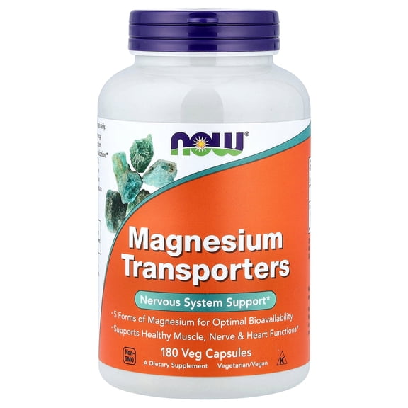NOW Foods Magnesium Transporters, Nervous System Support, 180 Veg Capsules