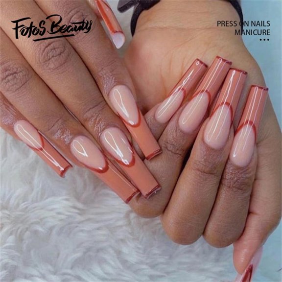 Fofosbeauty 24pcs Press on False Nails, Long Coffin Fake Nails, Dusty French Round