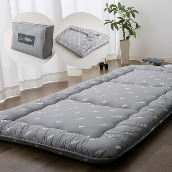 RevoGlow Commerce Japanese Floor Futon Set (Mattress, Cover & Storage Case) -Kyoto- Queen Size (63x80in) Gray, Sleeping Mat Tatami Bed Pad