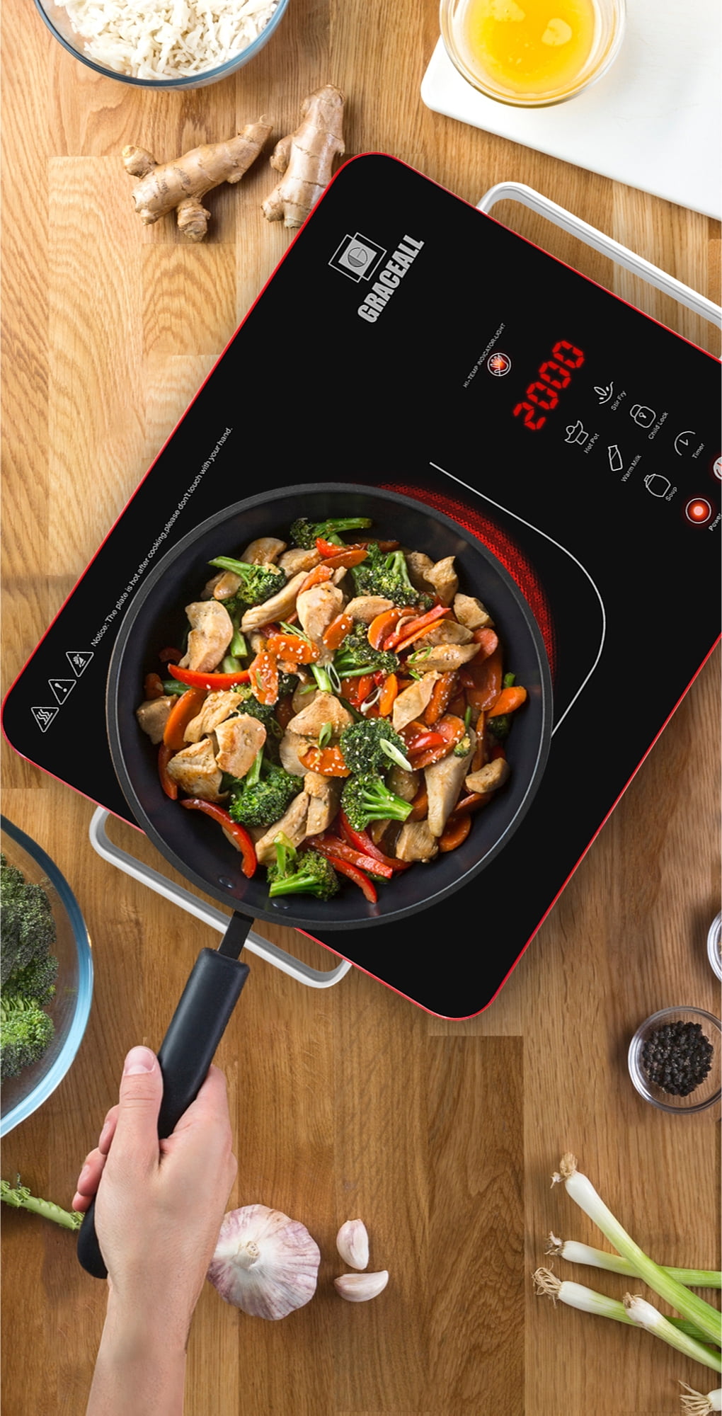 GRACEALL 2000W Electric Cooktop Portable Infrared Stove, Countertop Hot Plate for Cooking, Single Burner Cook Top, Kitchen Knob Control Stove, Unibody Design with BBQ Plate