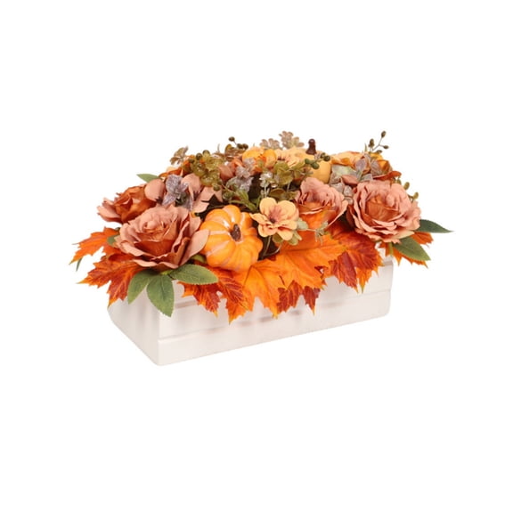 2026 Halloween Indooor Decoration Thanksgiving Faux Floral Arrangement In Wooden Box Featuring Pumpkins And Maple LeavesIdeal For Home Tabletop And Windowsill Decor
