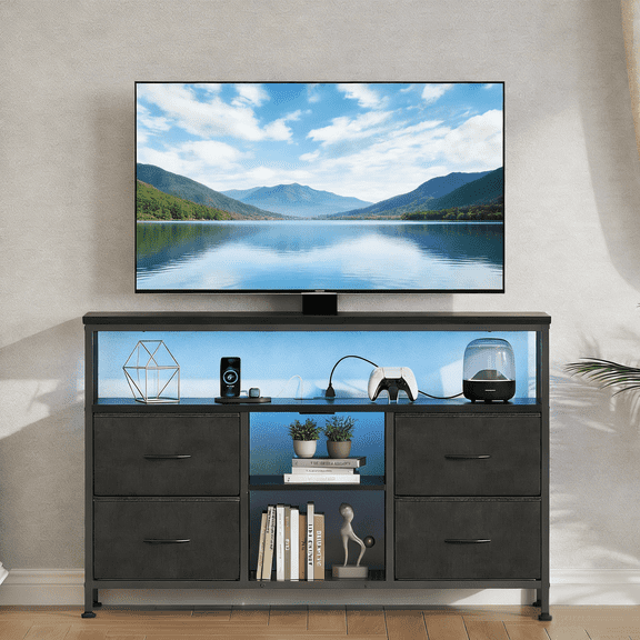 TV Stand Dresser for Bedroom, All-in-One Entertainment Center with LED Lights and Power Outlets, Features 4 Drawers and Open Shelf Storage, Fits 50 Inch TV with Adjustable Feet, White