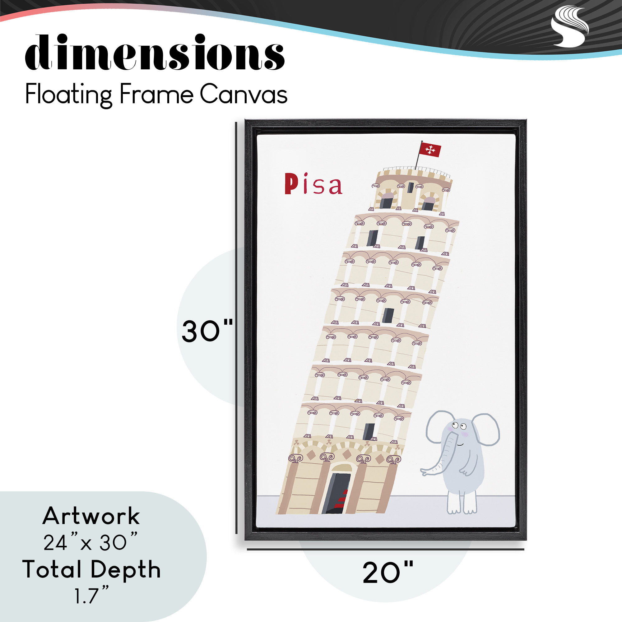 Elephant & Leaning Tower Pisa Black Framed Floater Canvas Wall Art, design by Carla Daly
