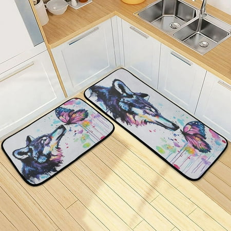

Kitchen Floor Mat 2 Sets Carpet Floor Mat Kitchen Mat Bathroom Mat Living Room Mat Bedroom Mat Absorbent Delicate Fabric No Ball Colorful Wolf and Butterflies