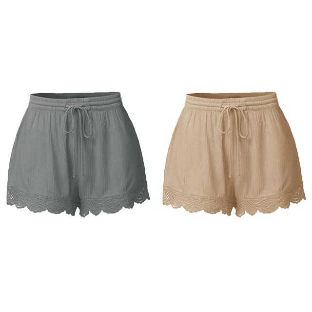 (2-Pack) Rinsvye Shorts for Women Casual Shorts for Women Elastic Waist Drawstring Yoga Women's Shorts Dressy Long Shorts Comfy Stretch Lace Summer Shorts for Women Trim Beach Linen Ruffle Shorts
