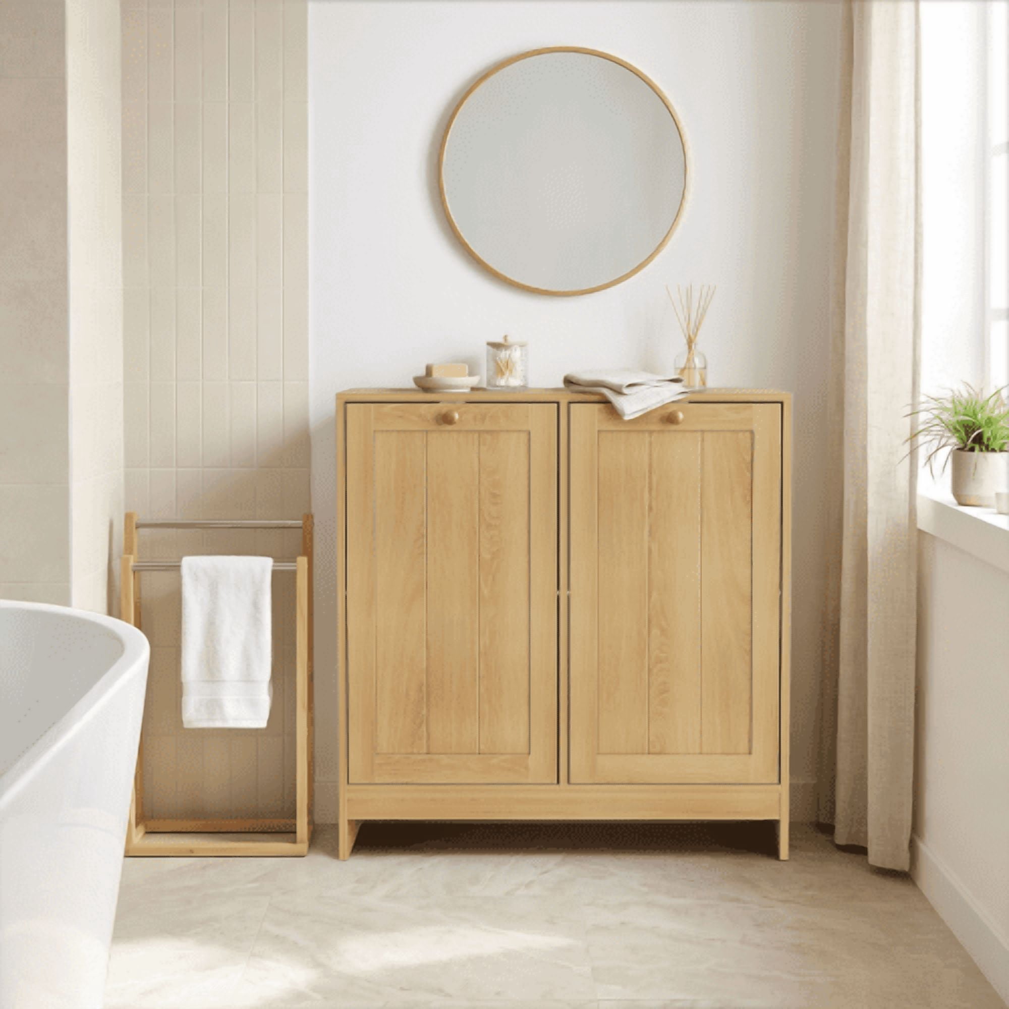 Tilted Laundry Hamper with Removable Baskets, Hidden Laundry Hamper Storage Cabinet, Free-Standing Bathroom Organizer, Oak