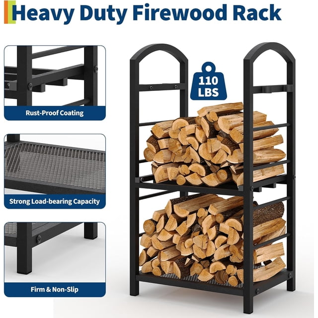 Royalbelle Noir Support de Bois de Chauffage de 30 Pouces de Hauteur pour l'Extérieur, Support de Rangement en Bois Intérieur