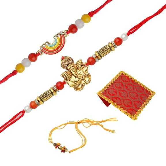 Rakhi set of 3 Family Pack Rakhi Lumba with dora for Brother and Bhabhi Kundan Beads Stone 3 Rakhis Rakhee Gifts for Bhai Veera Thread Bracelet Dori with Gift Pack in Bag for Raksha Bandhan Festival