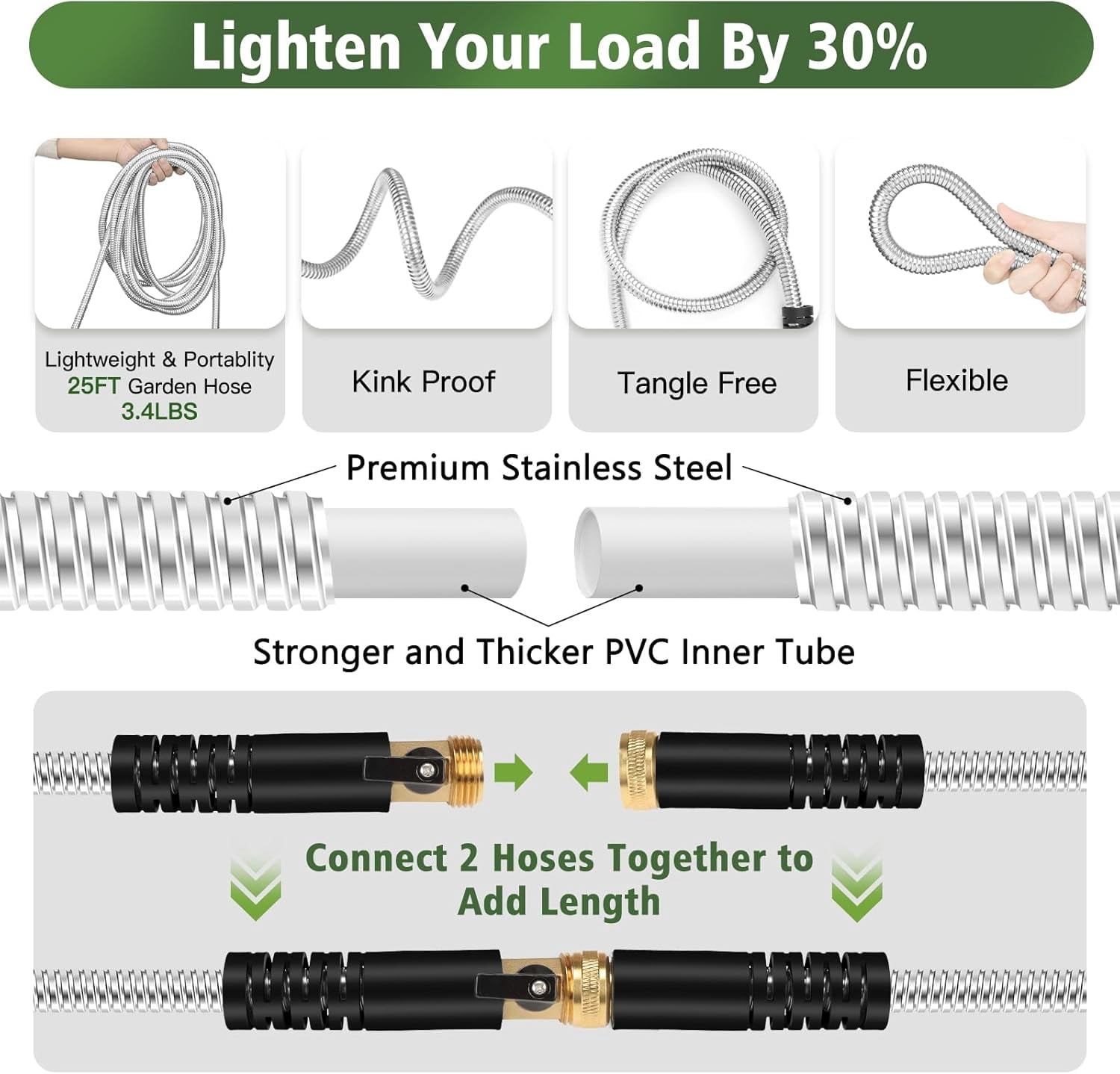 Heavy Duty Metal Garden Hose 25 ft Stainless Steel No Kink  Lightweight with 10 Function Nozzle