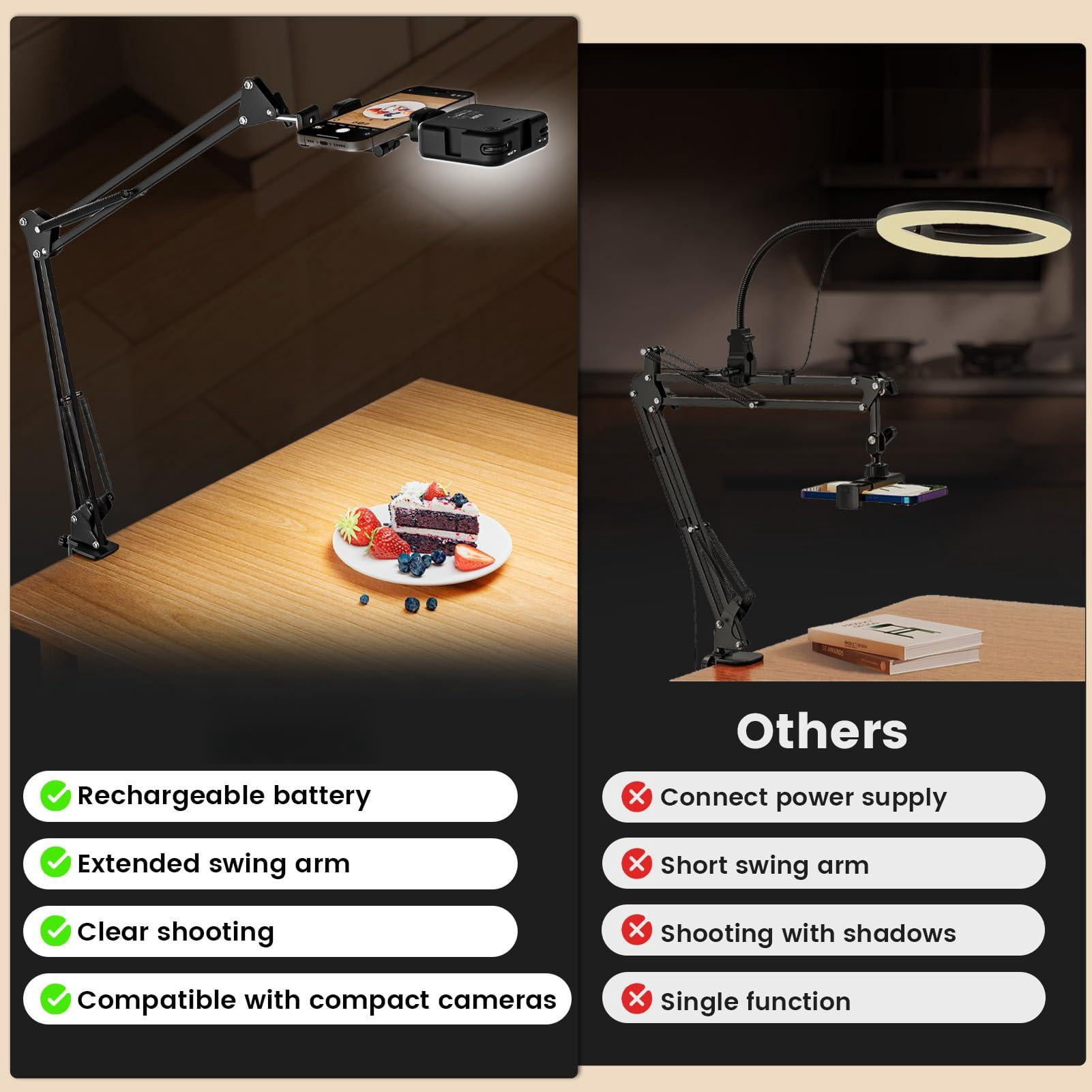Overhead Phone Mount With Led Selfie Light And Remote  Rechargeable Camera Tripod Stand Flexible Boom Arm Desk Holder For Video Recording Live Streaming Vlogging