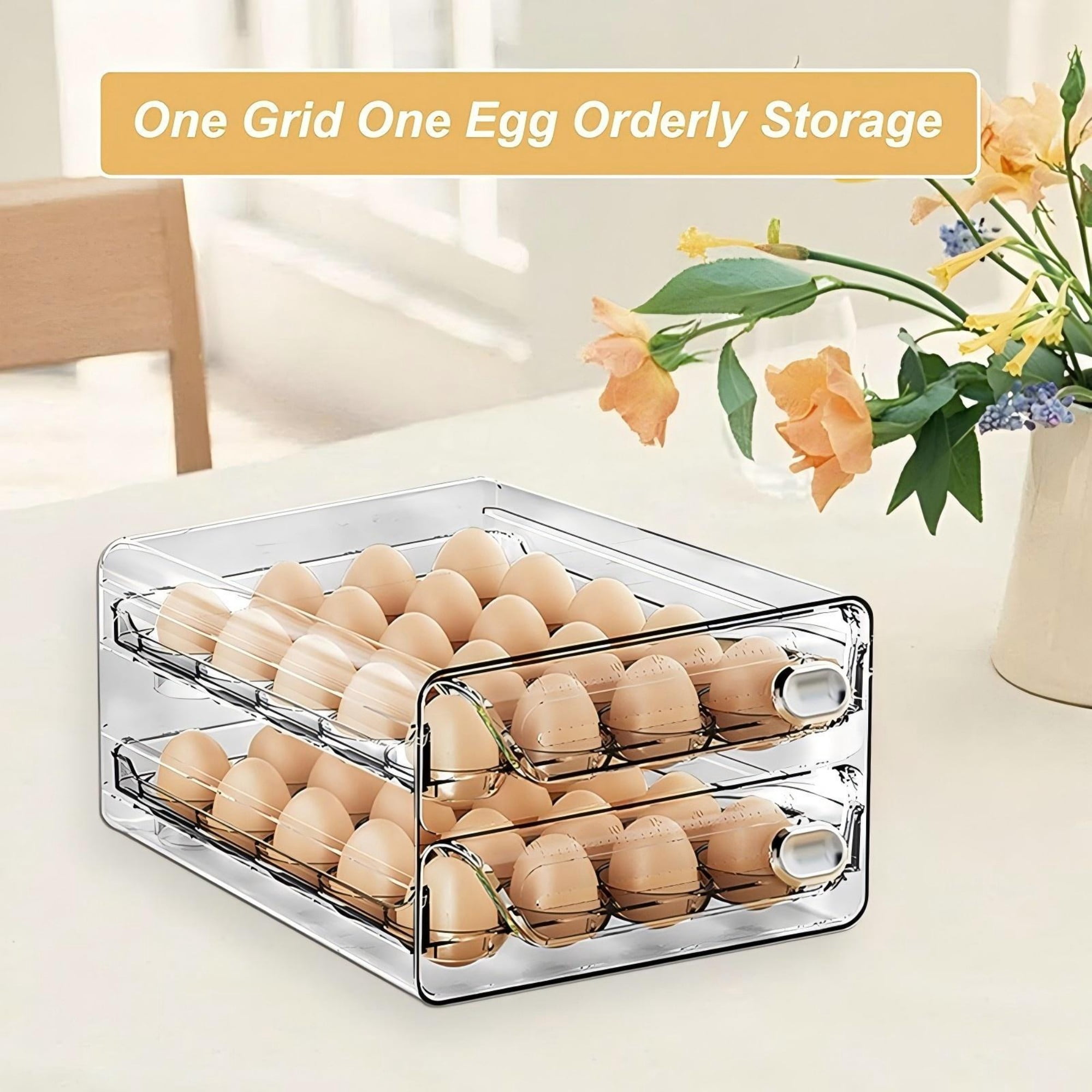 YHIPL 60-Eggs Holder for Fridge, 2 Tier Clear Stackable Egg Container for Refrigerator with Lid & Handles, Egg Holder Suitable for Refrigerator and Kitchen Storage