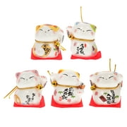 5pcs Japanese Ceramics Maneki Neko Cat Figurines Miniature Waving Upright Cat Statue Wealth Welcoming Ornament for Car Home Desk