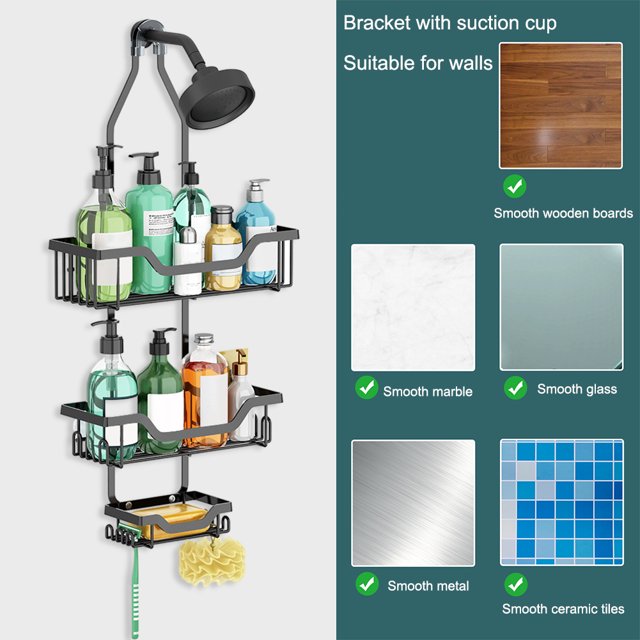 Caddy de cabezal de ducha colgante de 3 niveles sin perforación con ganchos para cuarto de baño y ducha