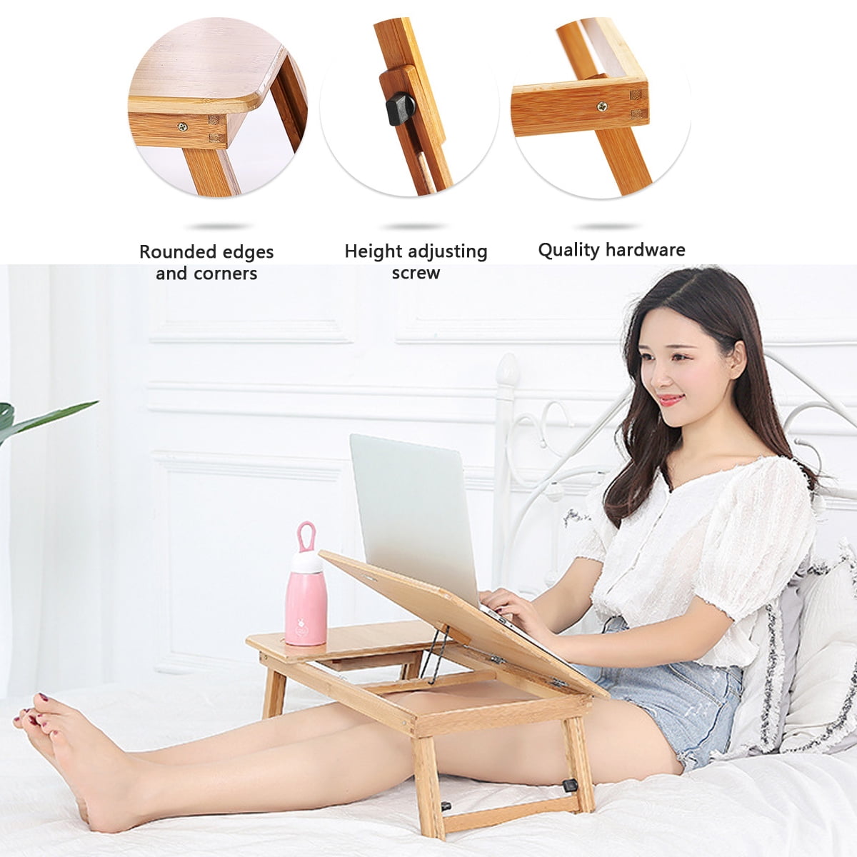 EIGSO Laptop Bed Desk Table Tray with Foldable Pull Down Legs and Storage Drawer Multi-Position Adjustable Tilt Surface for Computer iPad Book Study Writing Reading and Eating 
