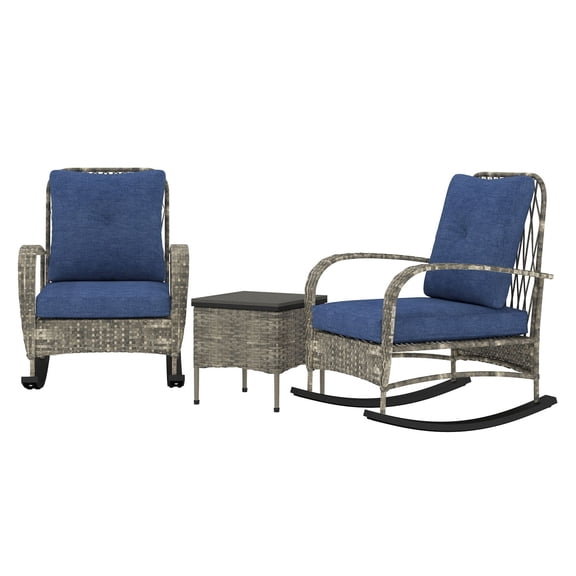 Wicker Patio Furniture Set 3 Pieces, Outdoor Rocking Chairs with Table, PE Rattan Garden Furniture for Porch, Cushions Included, Gray
