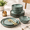 Coastal Teal-Service for 4, variant on Oatmeal Linen Stoneware Dinnerware Set, Service for 8, 24 Piece Rustic Tableware