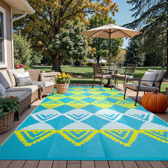 Outdoor Rug 8x10 Waterproof for Patio, Reversible Outdoor Patio Rug for Backyard, Deck, Blue Yellow