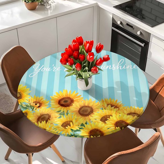 Blue Stripes Sunflowers Watercolor Elastic Fitted Round Tablecloth You're My Sunshine Waterproof Outdoor Table Cover for Holiday Party, Picnic, Patio & Dining Fits Tables Up to 36"-44"