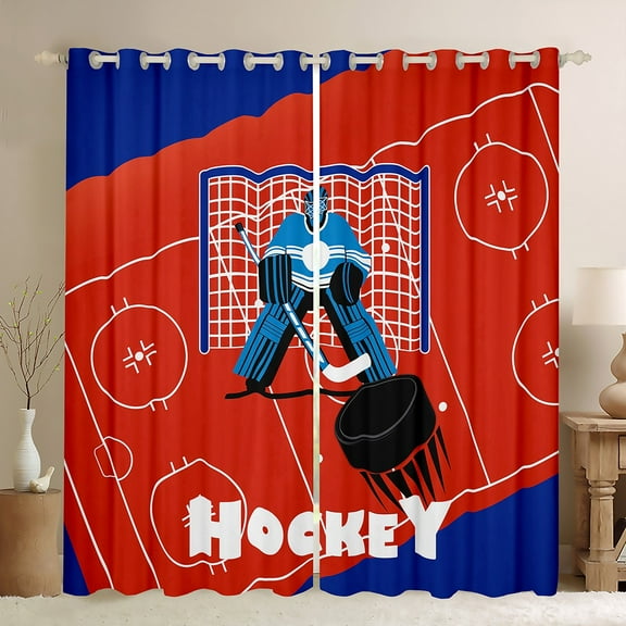 Homewish Teens Boys Sport Ice Hockey Black Out Curtains,Ball Game Curtains Pack of 2 (42x63 Each),Blue Red Bedroom Curtains,Breathable Home Decor