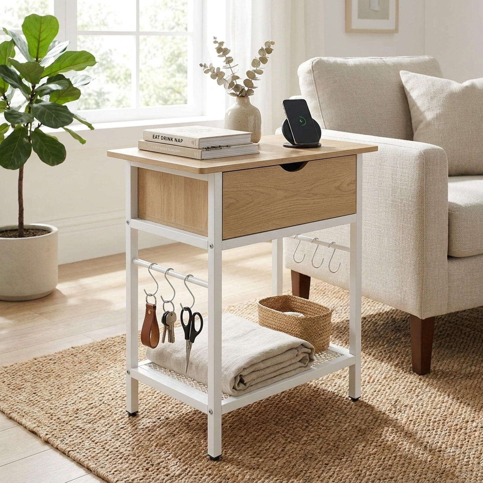 Furnibear Set of 2 End Table with Charging Station and Hidden Compartment USB Type C Ports and Bottom Shelf for Living Room Bedroom, Natural