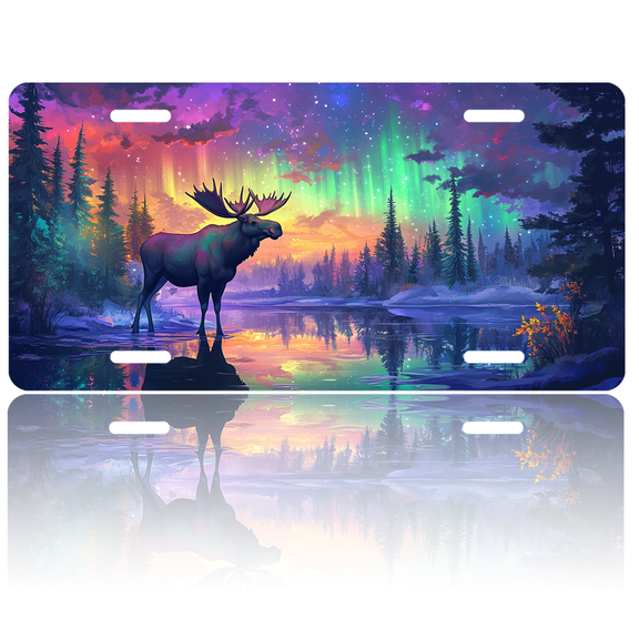 1 Pcs 2D Flat License Plate Covers & Frames, Moose in Northern For Decorative Front, Waterproof For Decoration Aluminum License Plate Covers & Frames Cover For Men Women, 12" X 6"