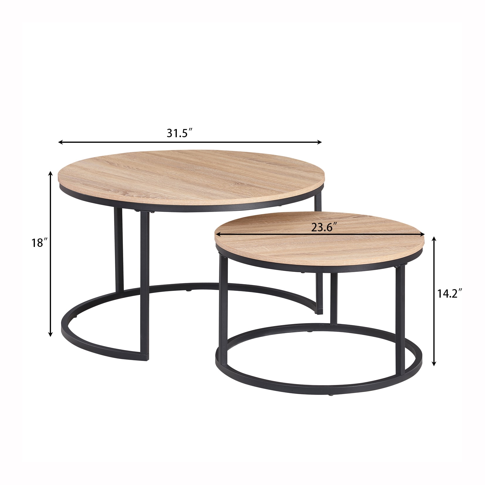 CENSI Round Nesting Coffee Table Set of 2, 31.5" Natural Oak Wood & Metal Frame, Modern Industrial Stacking Center Tables for Living Room, Scandi Boho Decor, Sturdy Circle Accent Furniture