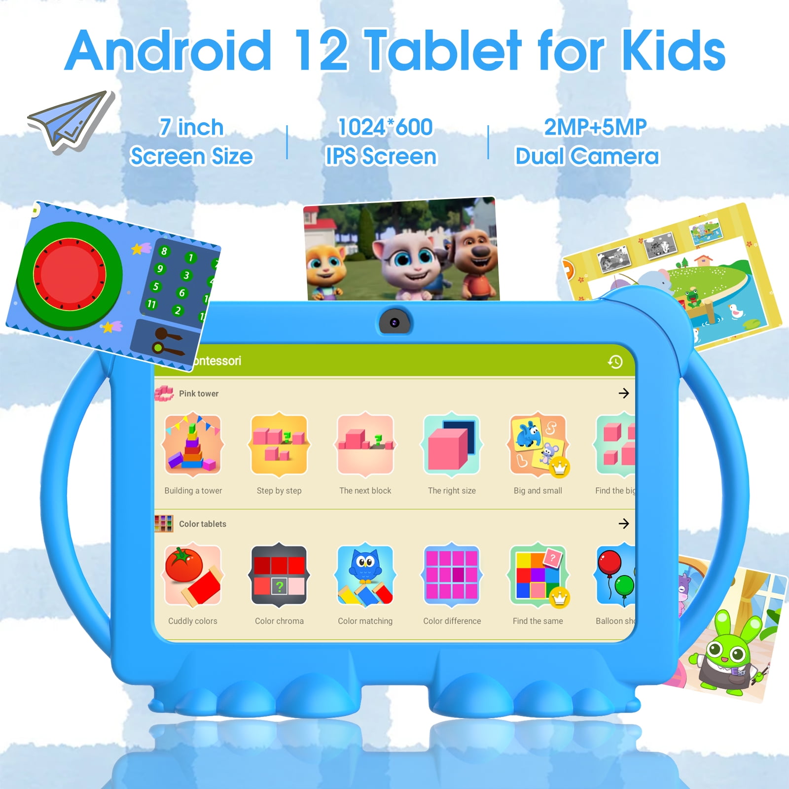 Kids Tablet, 7 inch Android 12 Tablet for Kids, 4GB RAM 32GB ROM 512GB Expand, Toddler Tablet with Parental Control, IPS Screen, Dual Camera, Educational, Games, Shockproof Case for Boys/Girls, Blue