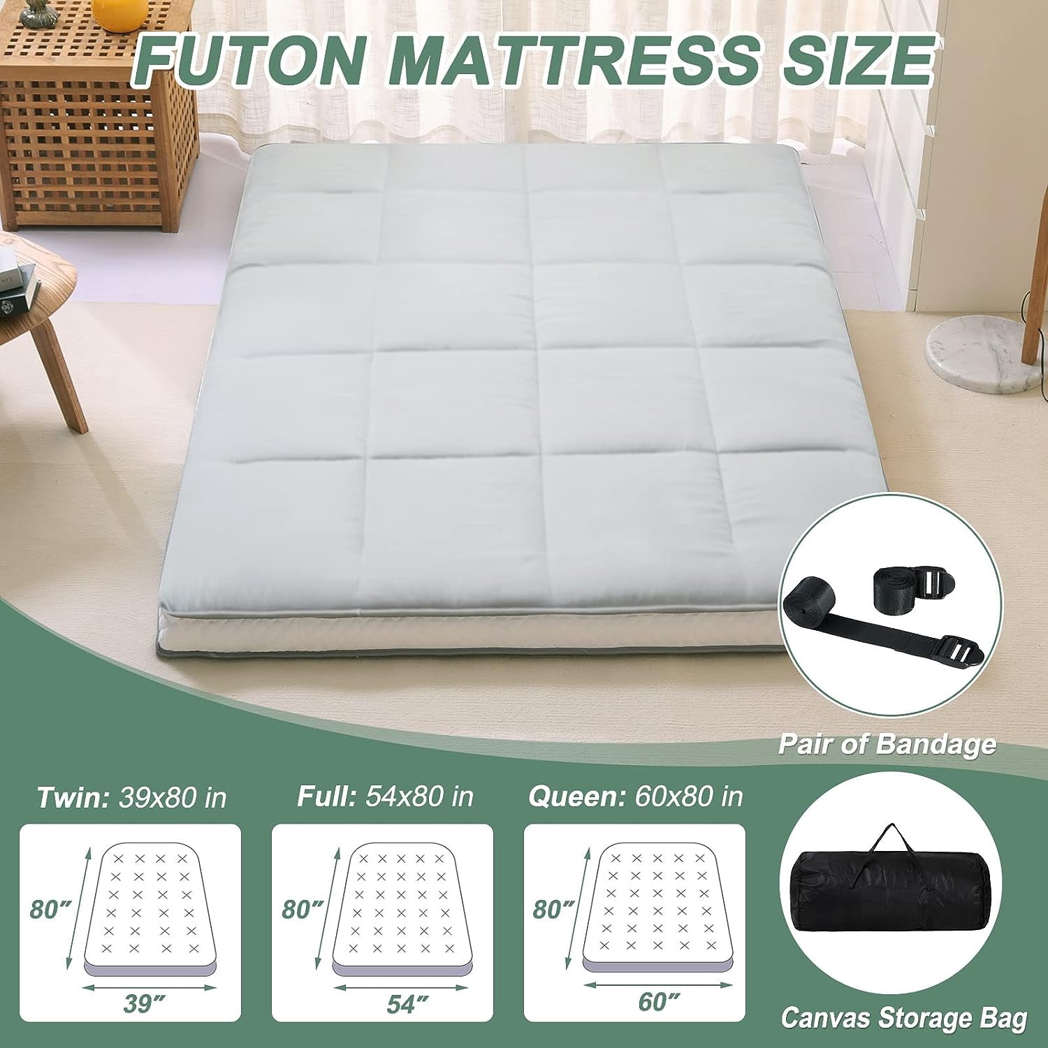 FICISOG Japanese Floor Futon Mattress, Adult Portable Camping Mattress Sleeping Pad, Gray, Full