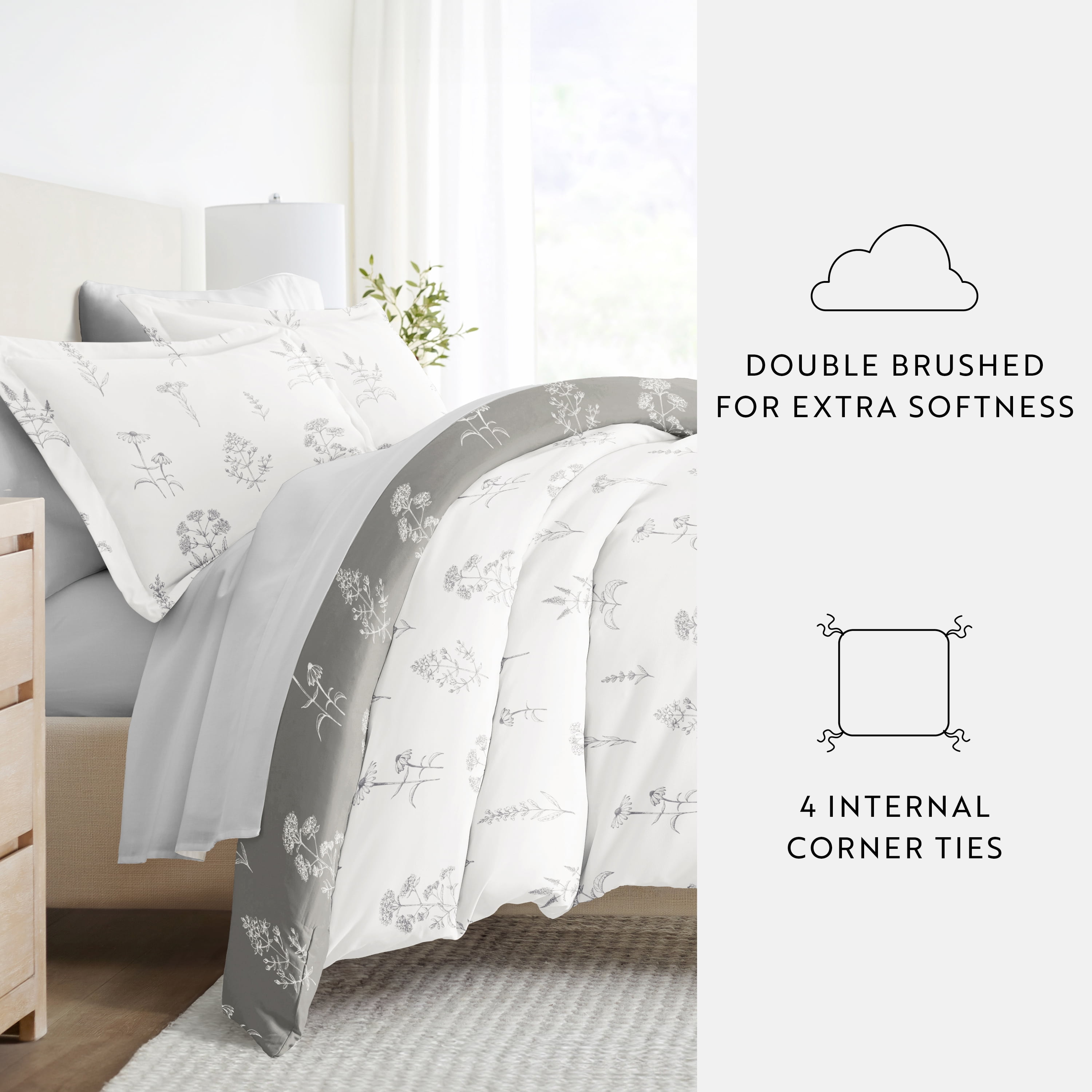 Noble Linens 7 Piece Patterned Duvet Bedding Bundle, Botany Floral Gray, Twin