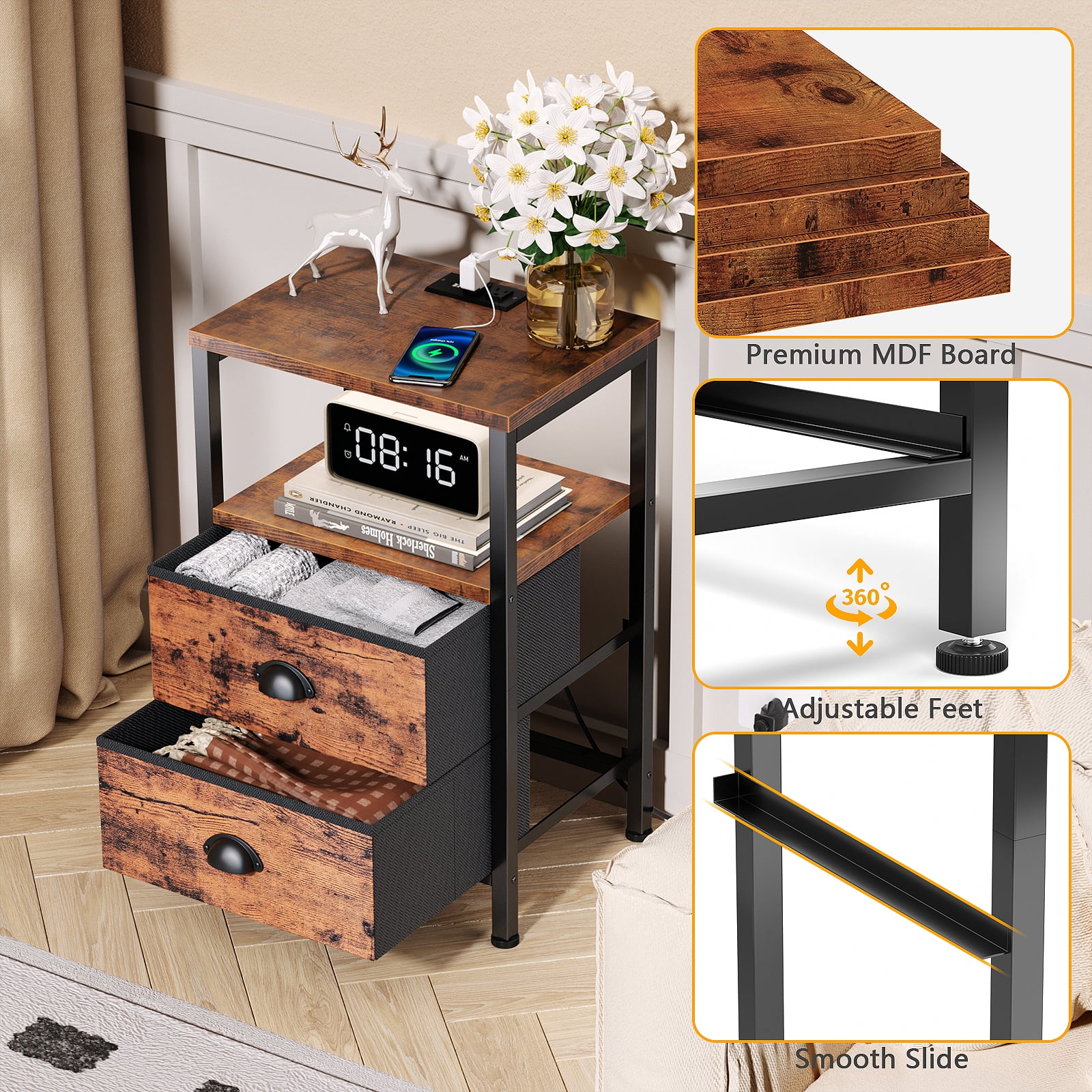 Satifur Bedside Table with Charging Station,LED Nightstand