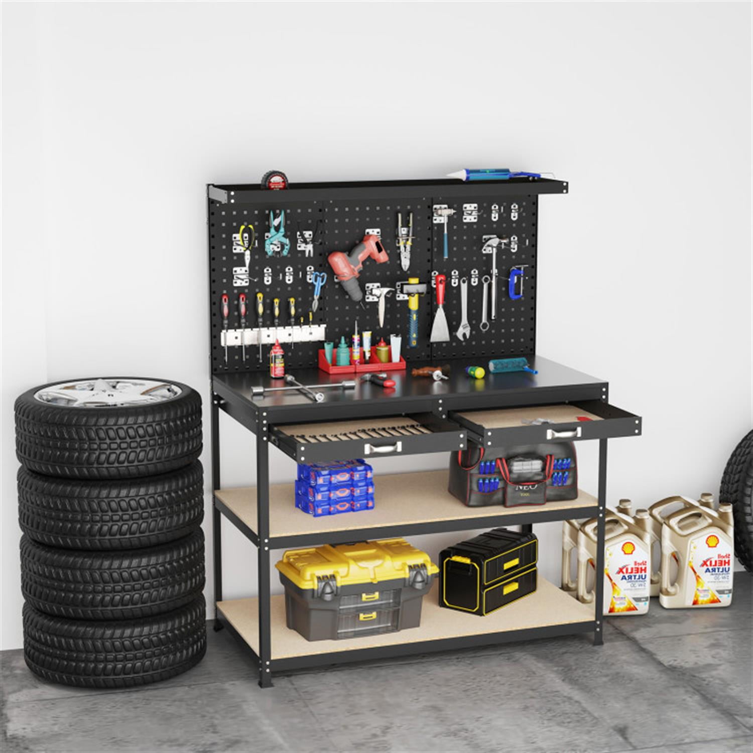 Demi Bonn 48" x 24" Workbench Work Table with 2 PCs Pegboard Drawer and Shelves, 4-Tier Heavy Duty Metal Tool Storage Bench for Garage, Workshop, Black
