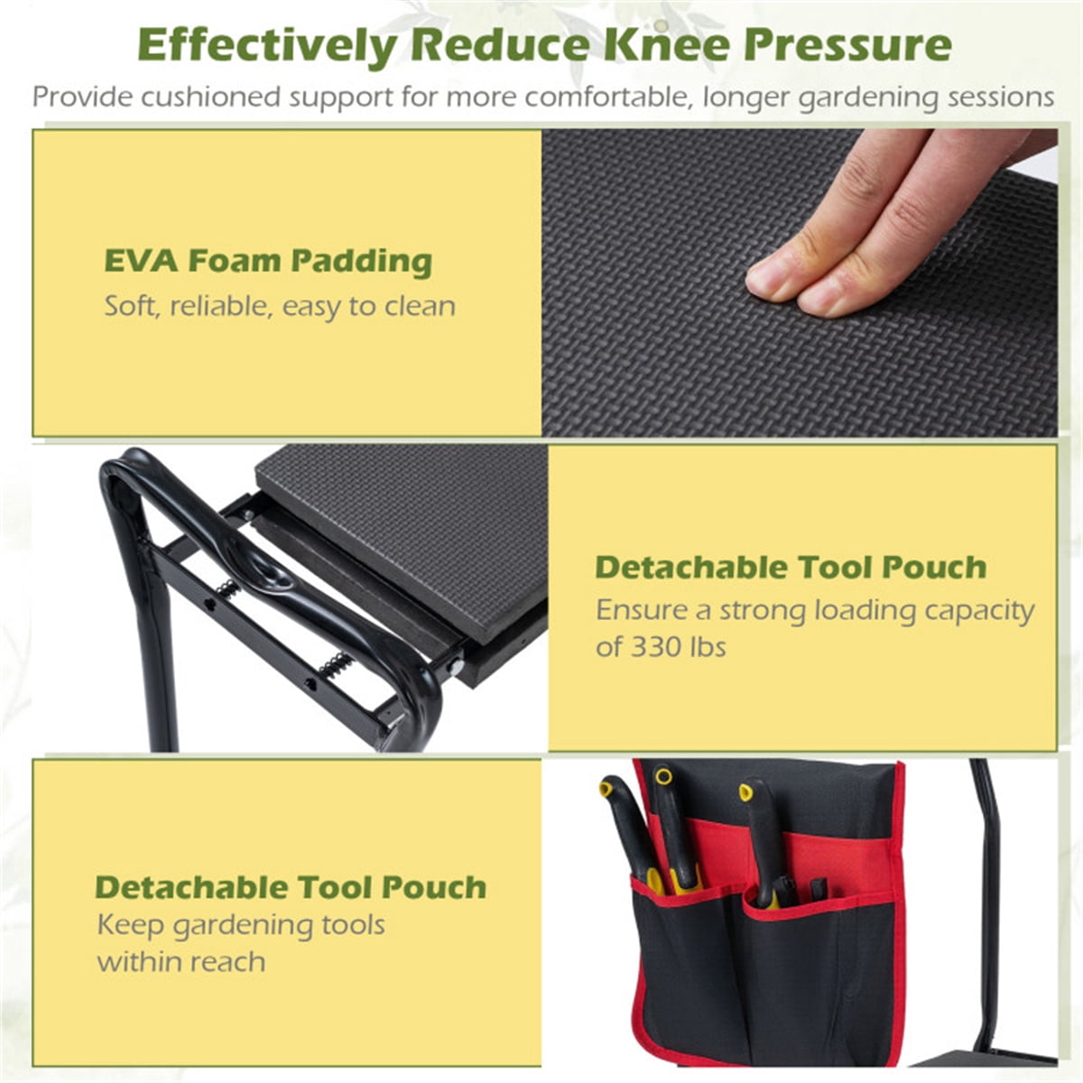 Black Red 2 in 1 Garden Kneeler Folding Stool 300lbs Capacity with Tool Pouch