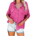 thumbnail image 2 of Womens Button Down V Neck Denim Shirts Long Sleeve Blouse Roll Up Cuffed Sleeve Casual Work Plain Tops with Pockets, 2 of 8