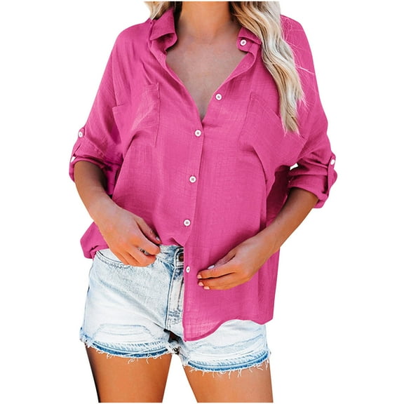 KIHOUT Women's Tops Single Breasted Long Sleeve Shirt Tops Loose Lapel Shirt Blouse