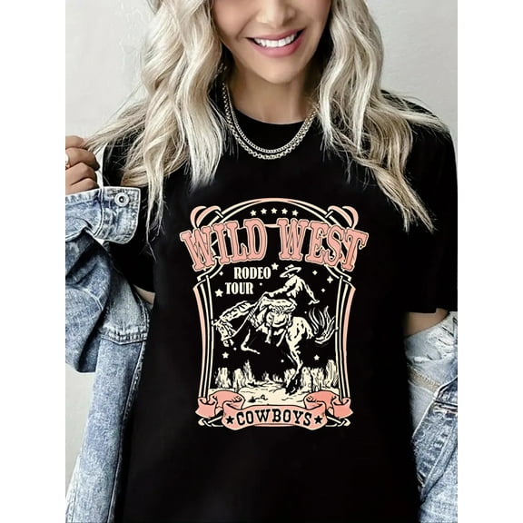 Crewneck Tshirt Western Cowboy Print Short Sleeve Shirt for Women