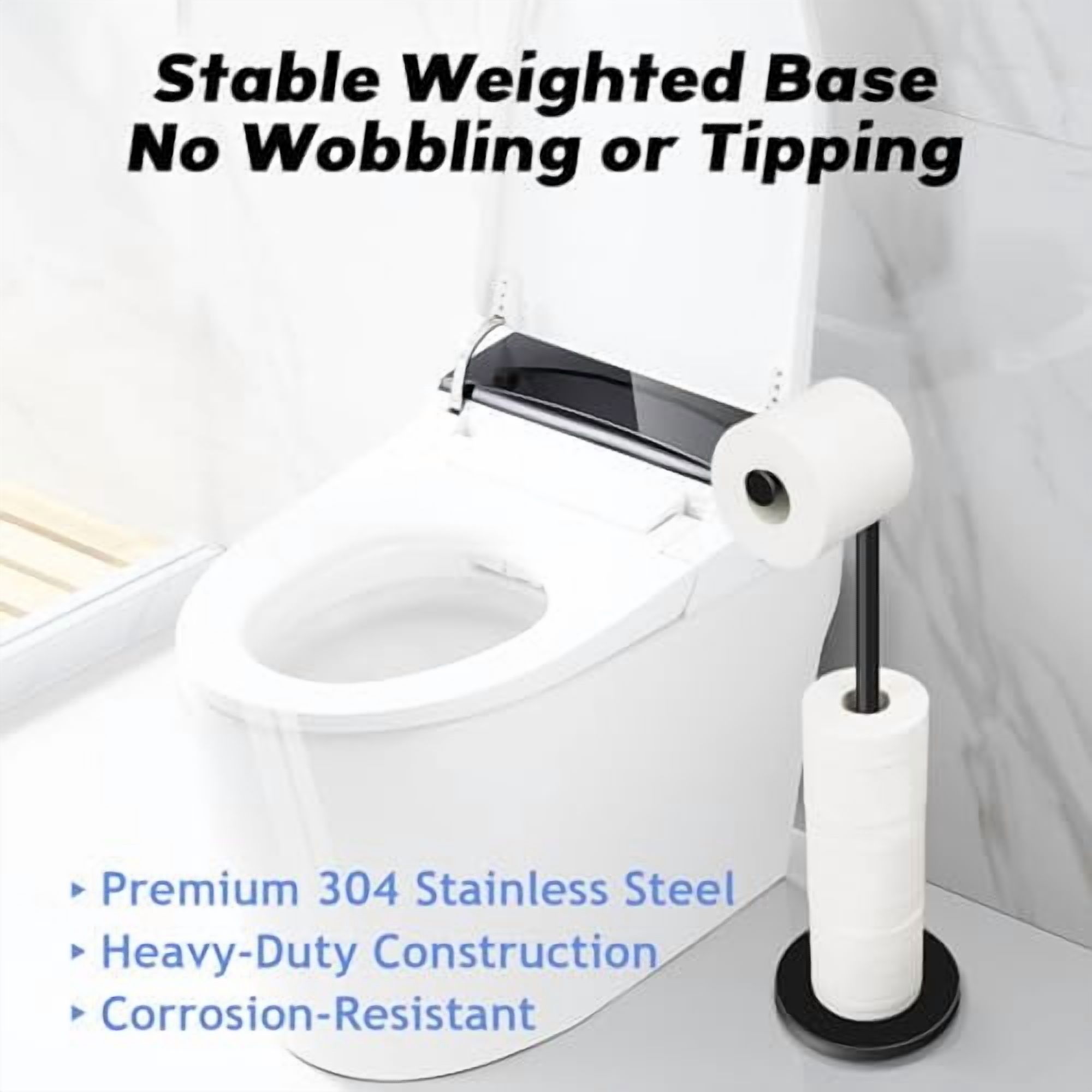 Stainless Steel Free Standing Toilet Paper Holder Stand, Bathroom Storage Organizer Holds 4 Rolls, Modern Matte Black Finish