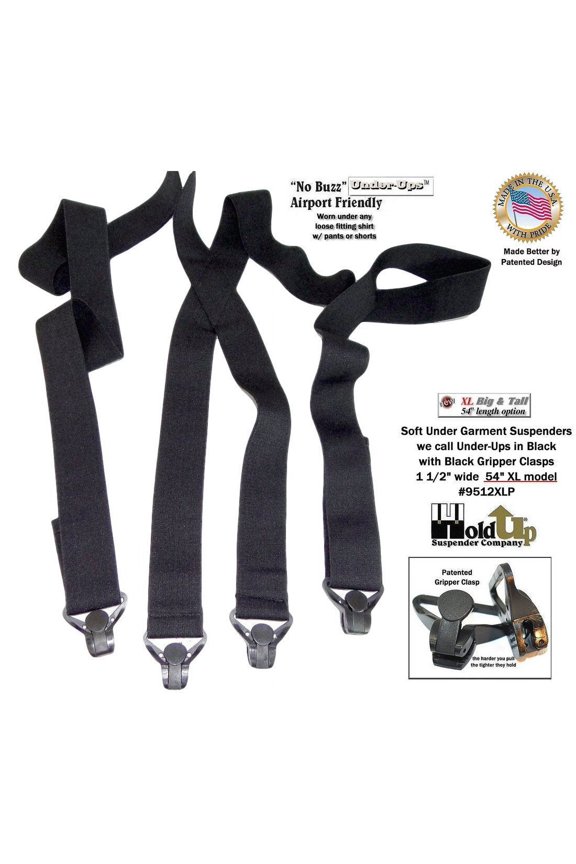 Hold-Ups 1 1/2" Wide All Black Hidden Undergarment Suspenders in XL Length with Black Gripper Clasps